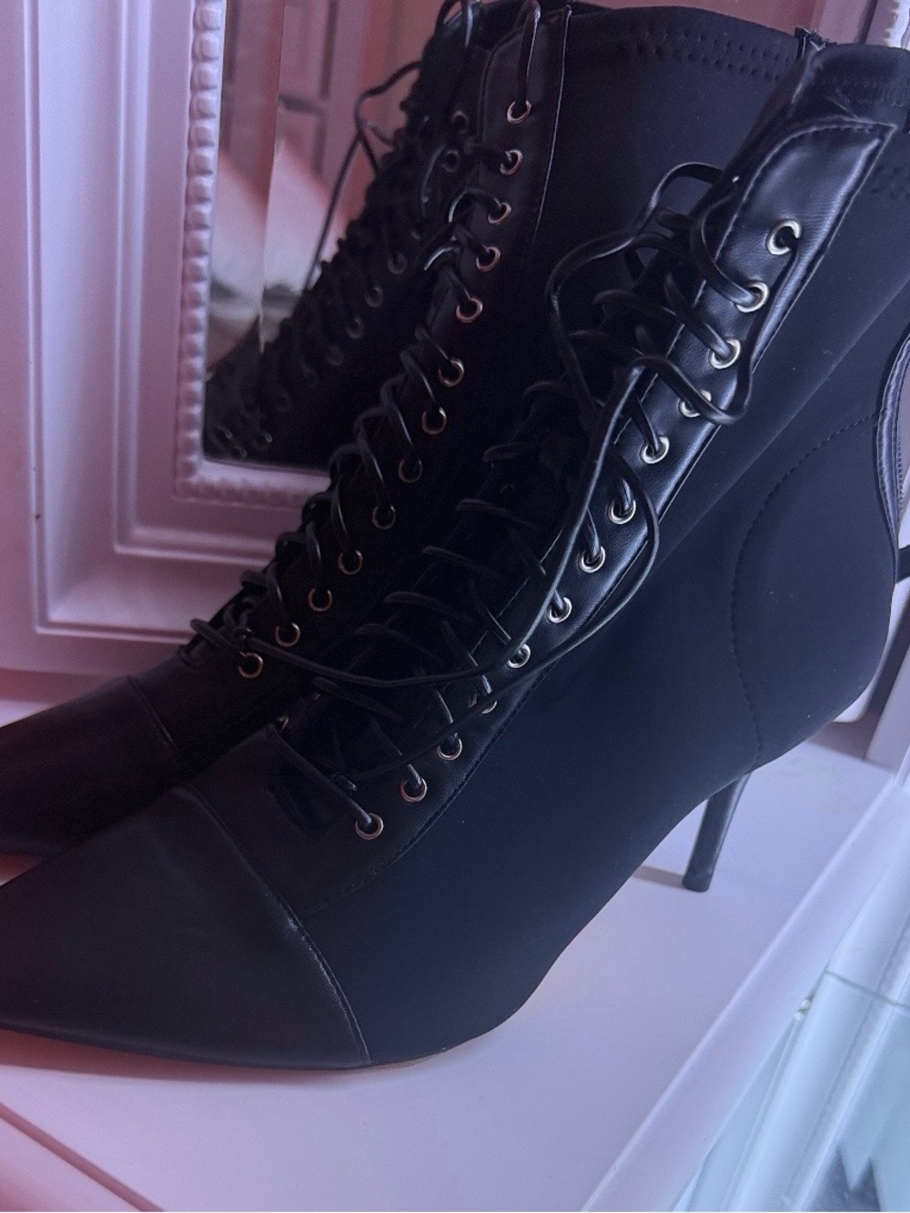 Women's Black Lace-Up Pointed Toe Stiletto Ankle Boots